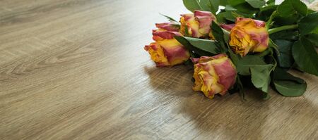 Fresh bouquet of rosses on the wooden background with some text spaceの写真素材