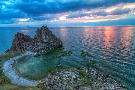 Shaman Rock, Lake Baikal in Russiaの写真素材