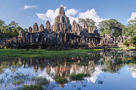 Prasat Bayon temple in the centre of Angkor Thom city complexの写真素材