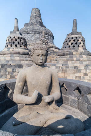 Buddha statue and stupas in Borobudur temple, Indonesiaの写真素材