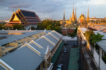 BANGKOK, THAILAND - CIRCA AUGUST 2015: Panorama of Wat Pho at sunset, Bangkok, Thailandのeditorial素材