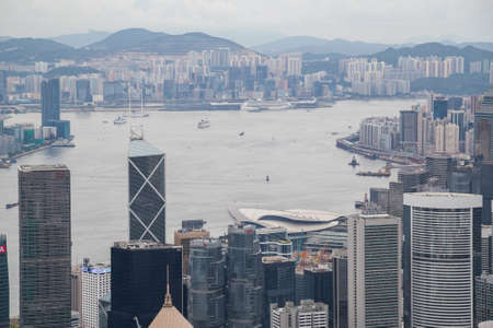 Hong Kong, SAR China - circa July 2015: Panorama of Hong Kong, Kowloon and Victoria Harbour, Hong...