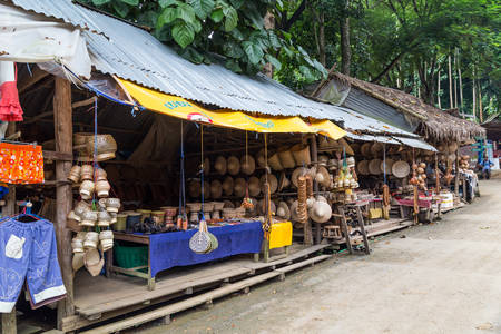Luang Prabang, Laos - circa August 2015: Souvenirs and crafts are sold around Kouangxi Waterfalls, Luang Prabang, Laosのeditorial素材