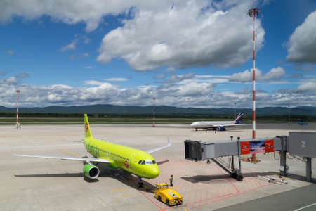 Vladivostok, Russia - circa September 2015: Airplane is arriving to the gate in the major airportのeditorial素材