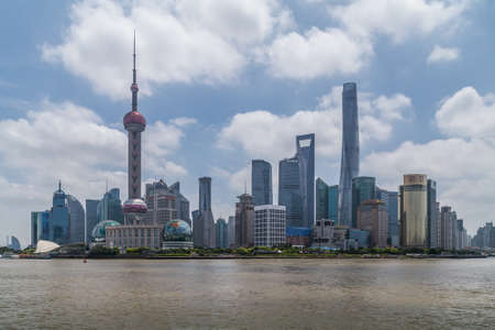Shanghai, China - circa September 2015: Skyline of Shanghai across the river at daytimeのeditorial素材
