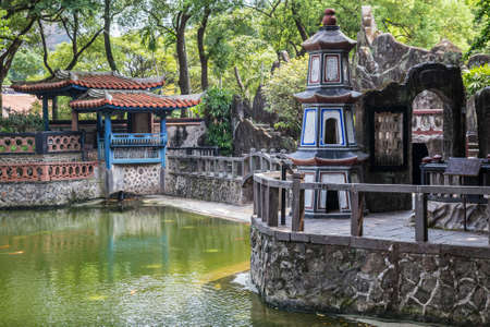 Public park in traditional Chinese style in Taipei city, Taiwanの写真素材