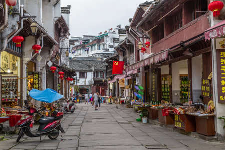 Huangshan Tunxi City, China - circa September 2015: City streets and stores of old town Huangshan in China with oriental architectureのeditorial素材