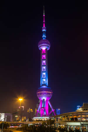 Shanghai, China - circa September 2015: Oriental Pearl Tower, Shanghai by nightのeditorial素材
