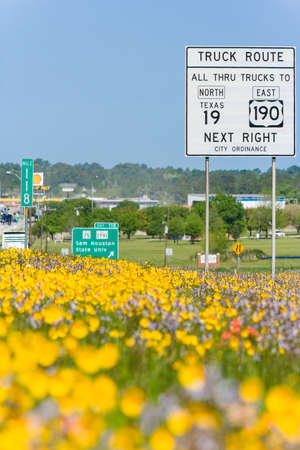 Dallas, TX/USA - circa April 2015: Hot air and spring flowers outside Interstate Highway 45 in Texasのeditorial素材