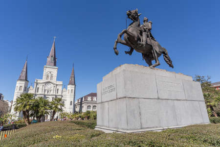 St. Louis Cathedral, Jackson Square and Monument in French Quarter, New Orleans, Louisianaの写真素材