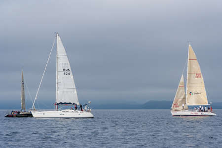 Vladivostok, Russia - circa August 2012: Regatta for Peter the Great Gulf Cup - sailed boat race in Vladivostok, Russiaのeditorial素材