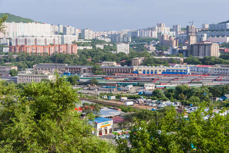 Vladivostok, Russia - circa July 2015: Panorama of Railroads and residential apartment buildings, Vladivostok, Russiaのeditorial素材