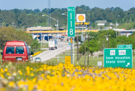 Dallas, TX/USA - circa April 2015: Hot air and spring flowers outside Interstate Highway 45 in Texasのeditorial素材