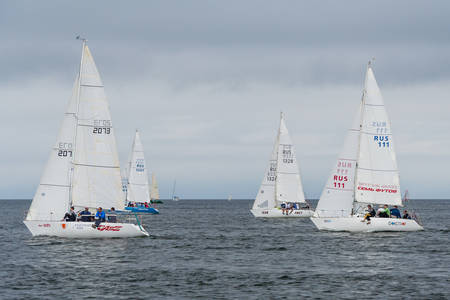 Vladivostok, Russia - circa August 2012: Regatta for Peter the Great Gulf Cup - sailed boat race in Vladivostok, Russiaのeditorial素材
