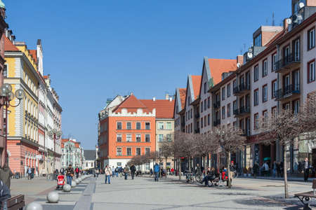 Wroclaw, Poland - circa March 2012: People walking at central pedestrian street Swidnicka in Wroclawのeditorial素材
