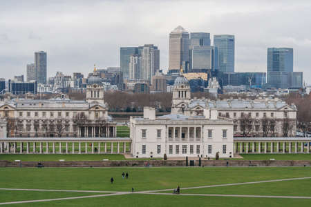 London, UK - circa March 2012: The Queen's House, Greenwich, Isle of Dogs and Canary Wharfのeditorial素材