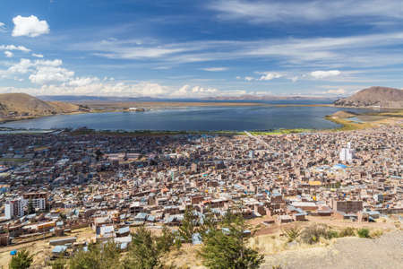 Aerial Panorama of Puno and Lake Titicaca from Mirador El Condor, Peru