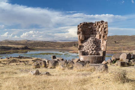 Sillustani Ancient burial ground with giant Chullpas cylindrical funerary towers built by a pre-Incan people near Lake Umayo in Peruの写真素材