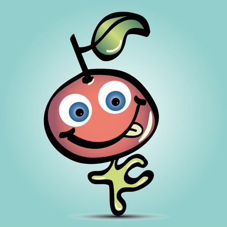 Cute happy cartton cherry with leaf tongue and bodyのイラスト素材