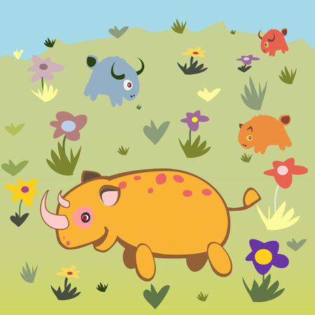 Rhino and other cute animals on wild land with flowersのイラスト素材