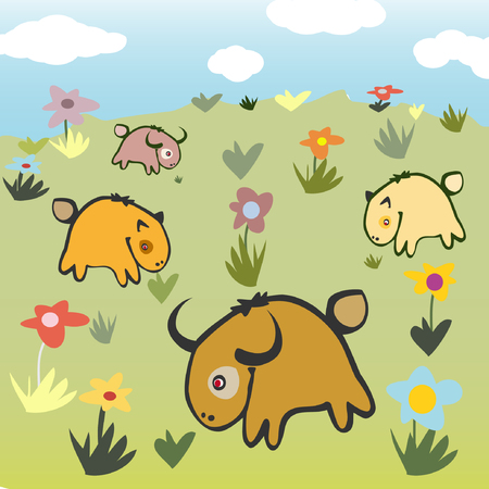 Cartoon animals in wild landscape with flowersのイラスト素材
