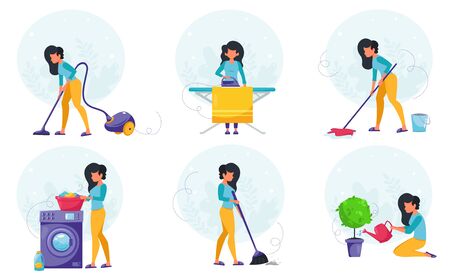 House cleaning concept. Woman doing house cleaning. Vector illustration in a flat style.のイラスト素材