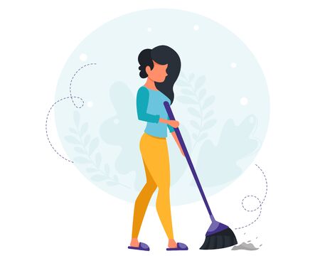 Woman sweeping the floor. House cleaning concept. Housewife cleaning the house. Vector illustration in a flat style.のイラスト素材