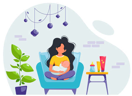 Breastfeeding concept. Woman feeding a baby with breast, sitting on armchair. World breastfeeding day. Vector illustration in flat style.のイラスト素材
