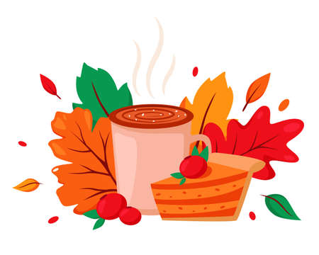 Hello autumn. Coffee cup with cake on autumn leaves background. Vector illustration in flat style.のイラスト素材