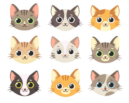 Cute cats collection. Cats faces. Isolated on white background.のイラスト素材
