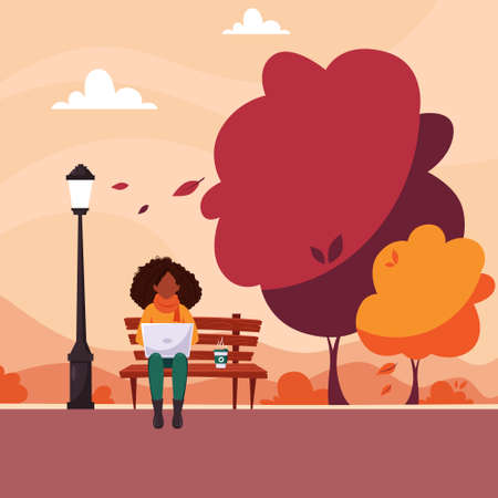 Black woman with laptop sitting on bench in autumn park. Freelance, remote work concept. Vector illustration in flat style.のイラスト素材