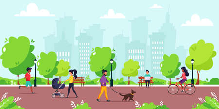 People doing various outdoor activities in the park. Running, cycling, walking the dog, walking with baby carriage. Vector concept illustration of healthy lifestyle.のイラスト素材