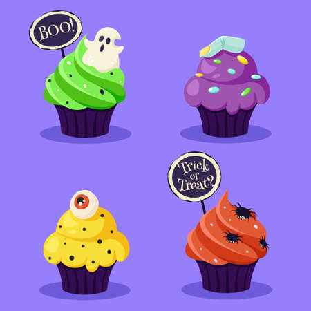Happy Halloween. Creepy cupcakes with eye, spider, ghost. Vector illustration in flat style.のイラスト素材