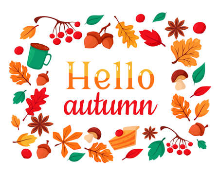 Hello autumn. Set of autumn elements: acorns, cup of coffee, fall leaves, rowanberry, viburnum, scarf, pumpkin pie.のイラスト素材