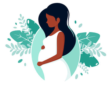 Pregnant black woman. Pregnancy, motherhood concept. Vector illustration in flat style.のイラスト素材