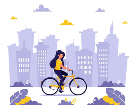 Woman riding bike in the city. Healthy lifestyle, sport, outdoor activity concept. Vector illustration in flat style.のイラスト素材