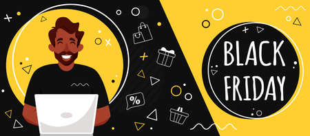 Black friday banner. Black man doing online shopping. Vector illustration in flat style.のイラスト素材