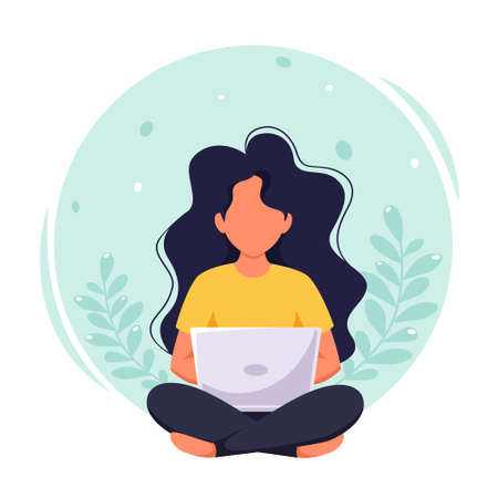 Woman working on laptop. Freelance, remote working, online studying, work from home concept. Vector illustration in flat style.のイラスト素材