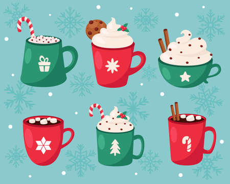 Merry Christmas. Christmas hot drinks collection. Vector illustration.のイラスト素材