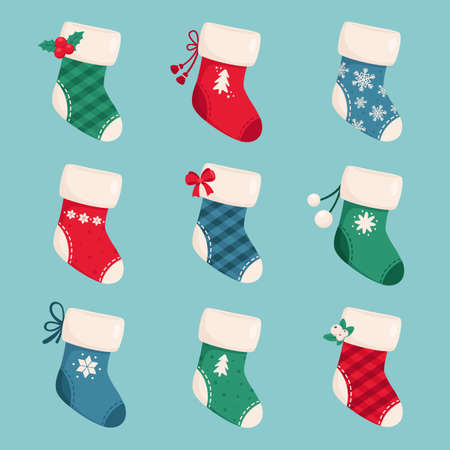 Christmas socks collection. Christmas stockings. Vector illustrationのイラスト素材