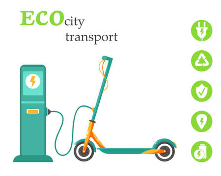 Eco city transport. Charging electric scooter at a-station. Concept of Nature Saving and New Technology. Vector illustration in flat style.のイラスト素材