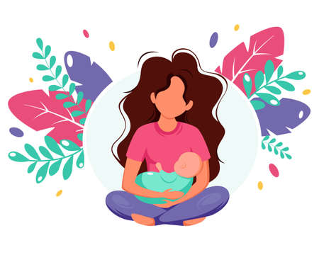 Breastfeeding concept. Woman feeding a baby with breast on leaves background. Vector illustration in flat style.のイラスト素材