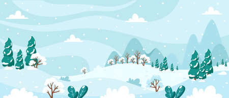 Snowy winter landscape with trees, mountains, fields. Countryside landscape. Winter background. Vector illustration.のイラスト素材