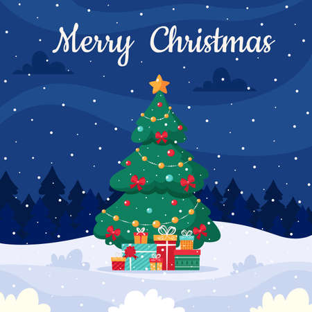 Merry Christmas. Winter landscape with christmas tree and gifts. Vector illustration.のイラスト素材