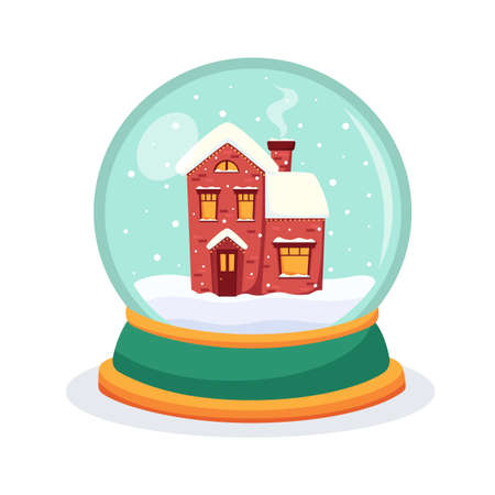 Christmas snow globe with a house inside. Snow globe sphere. Vector illustration.のイラスト素材