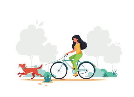 Woman riding bike with dog. Healthy lifestyle, outdoor activity concept. Vector illustration.のイラスト素材