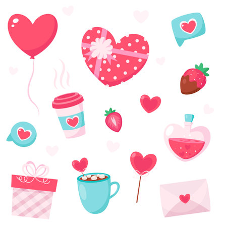 Happy Valentines Day elements. Gift, heart, balloon, strawberry, love letter. Vector illustration.のイラスト素材