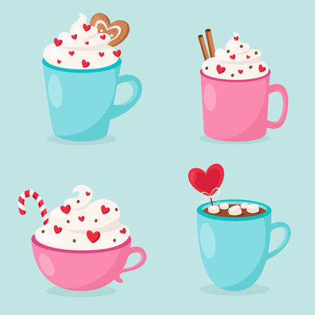 Happy Valentine's Day. Valentine's Day hot drinks collection. Vector illustration.のイラスト素材