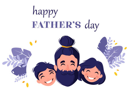 Happy Father's Day. Man with daughter and son. Vector illustration.のイラスト素材