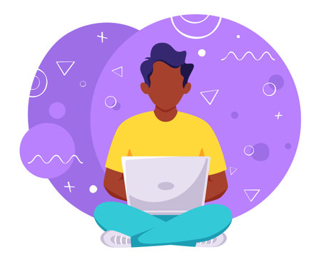 Black man working on laptop. Freelance, remote working, online studyingのイラスト素材
